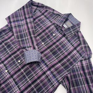 Thomas Dean Dress Shirt Mens M Medium Purple‎ Plaid Flip Cuffs Long Sleeve